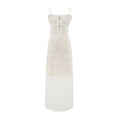 Front full view of off white lace slip maxi dress with thin spaghetti straps