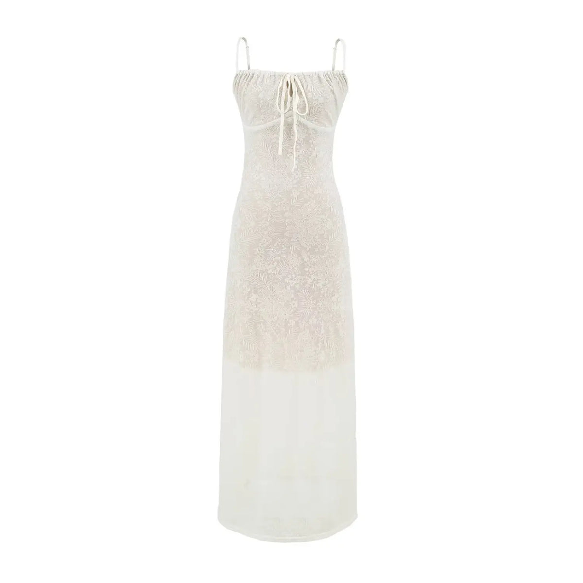 Front full view of off white lace slip maxi dress with thin spaghetti straps