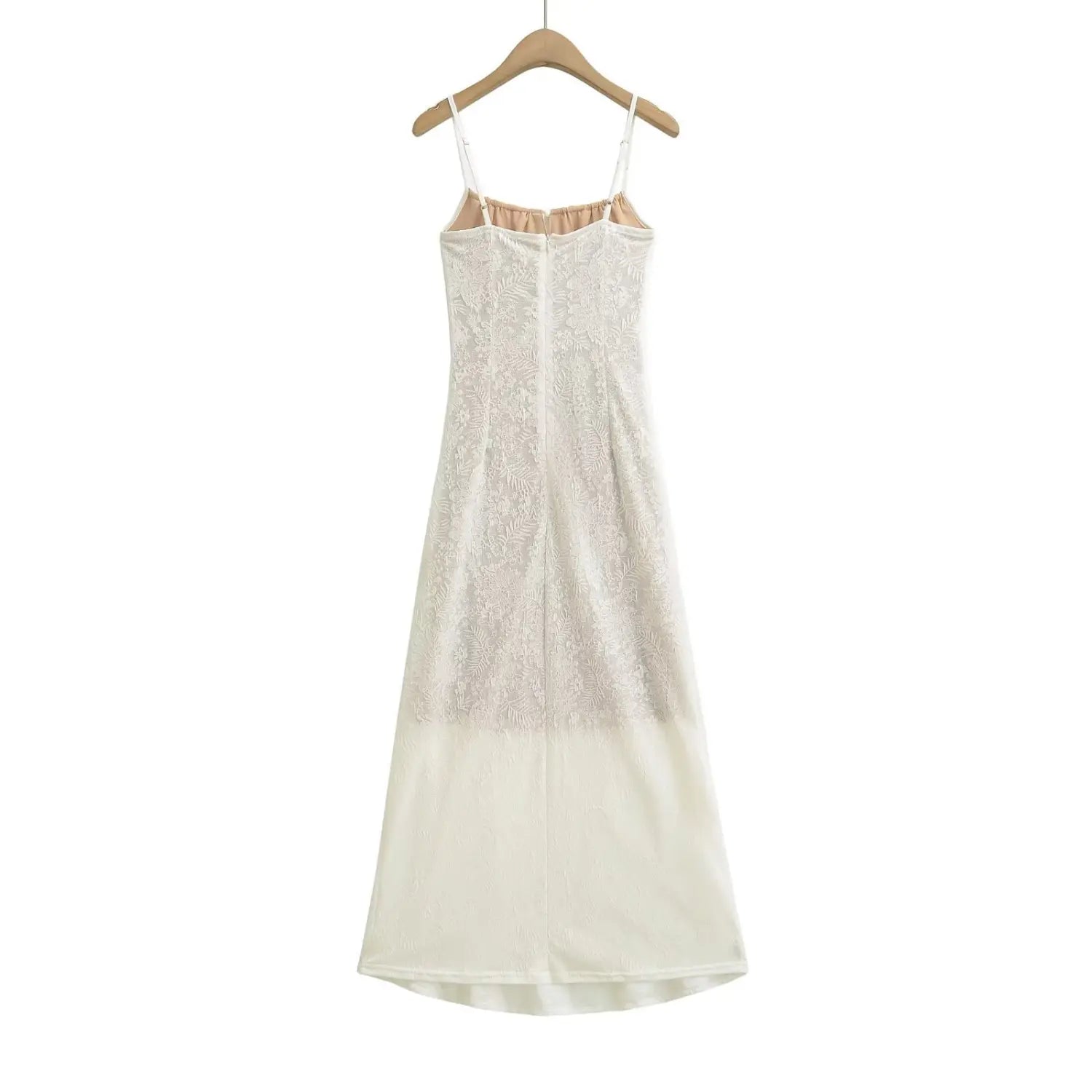 Off white lace slip maxi dress hanging on wooden hanger, back view