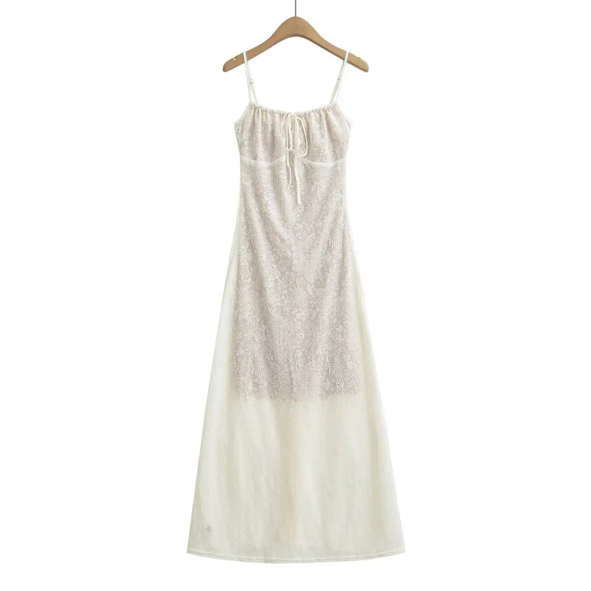 Off white lace slip maxi dress hanging on wooden hanger, front view