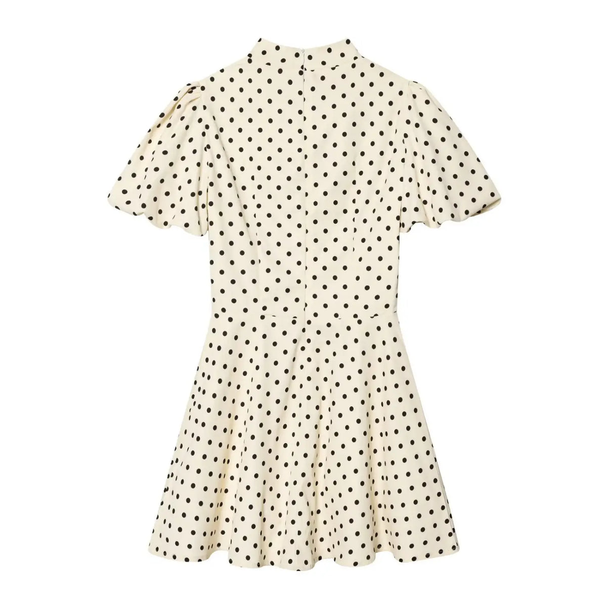 Off‑White polka dot mini dress back view,back concealed zipper,puff short sleeve,short flared hem