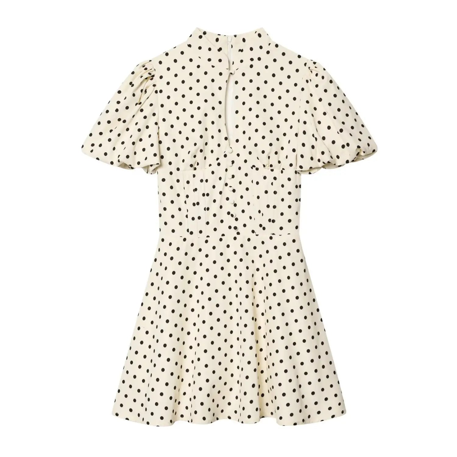 Off‑White polka dot mini dress front view,puff short sleeve,stand collar,keyhole neck,front faux buttons,fit‑flare a‑line silhouette