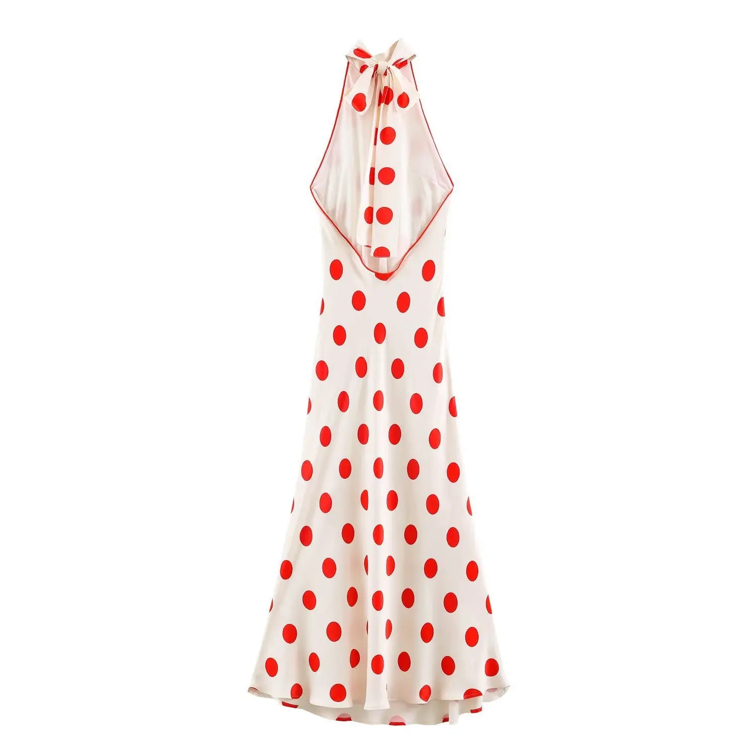 Back full view of off‑white halter maxi dress with large red polka dot print