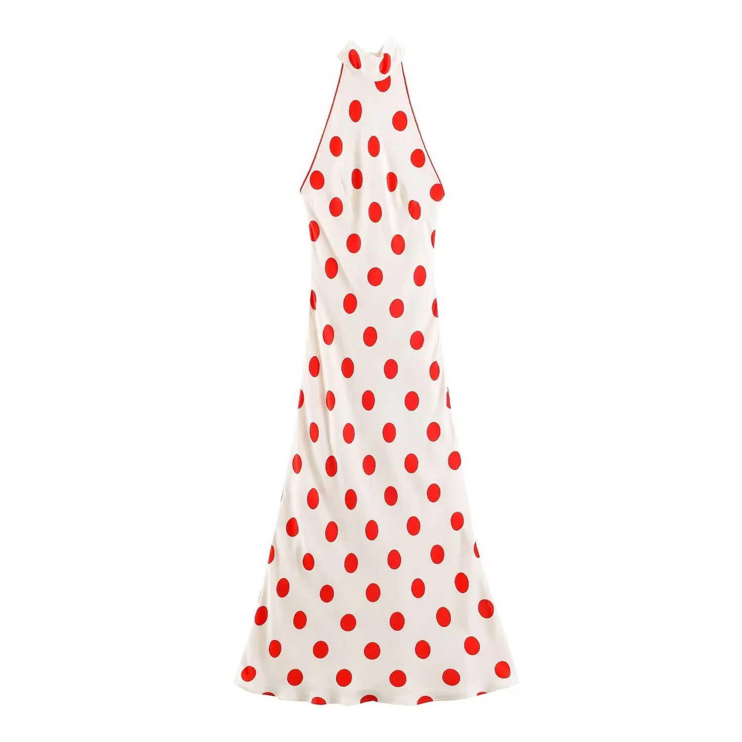Front full view of off‑white halter maxi dress with large red polka dot print