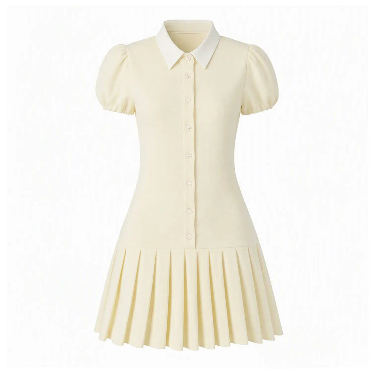 Front view offwhite mini dress with white contrast collar, puff short sleeves, front buttons and pleated skirt
