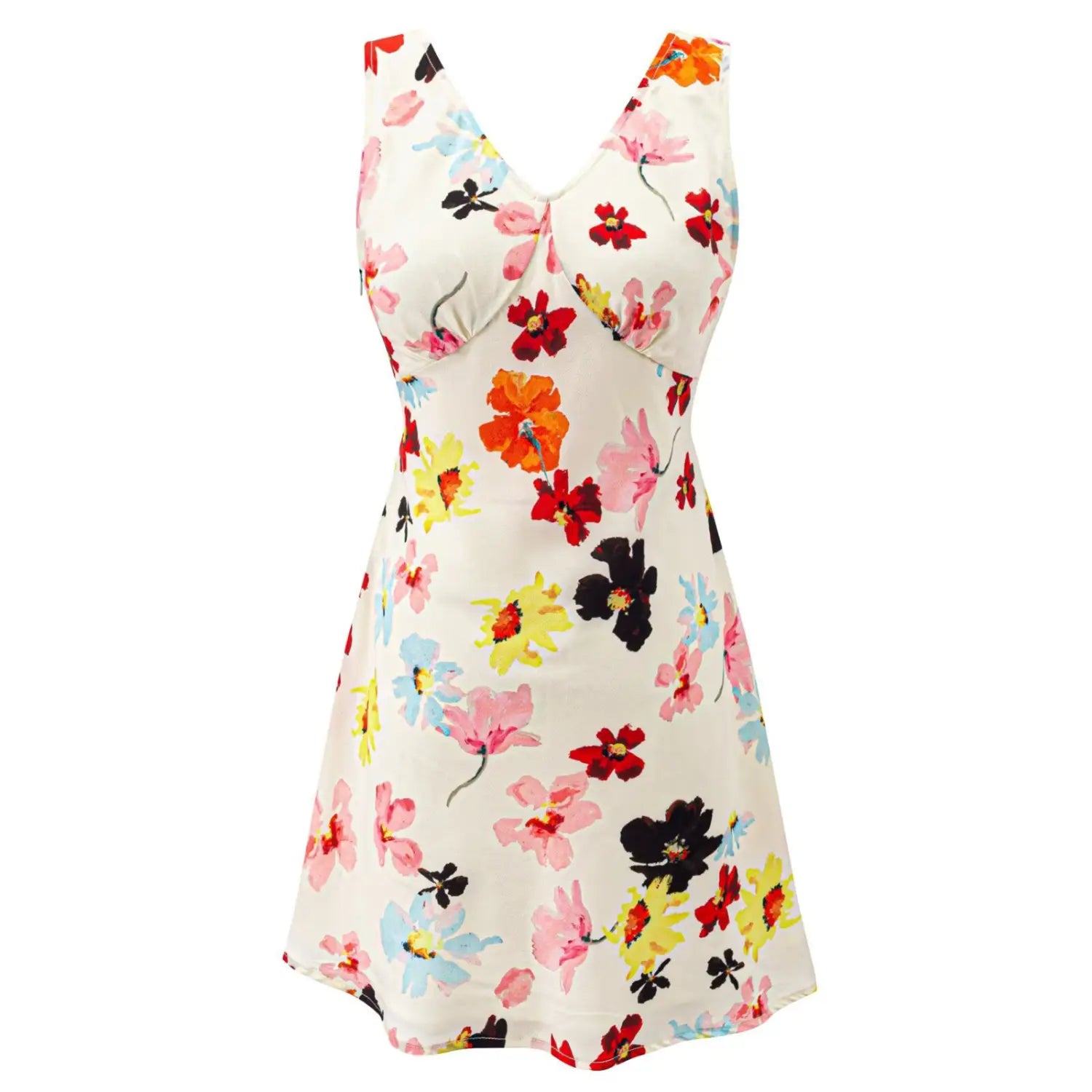 Cream oil painting floral sleeveless mini dress white flat front shot, deep V cross bust sleeveless cap shoulder waist drawstring A-line ruffle hem floral sundress hero image