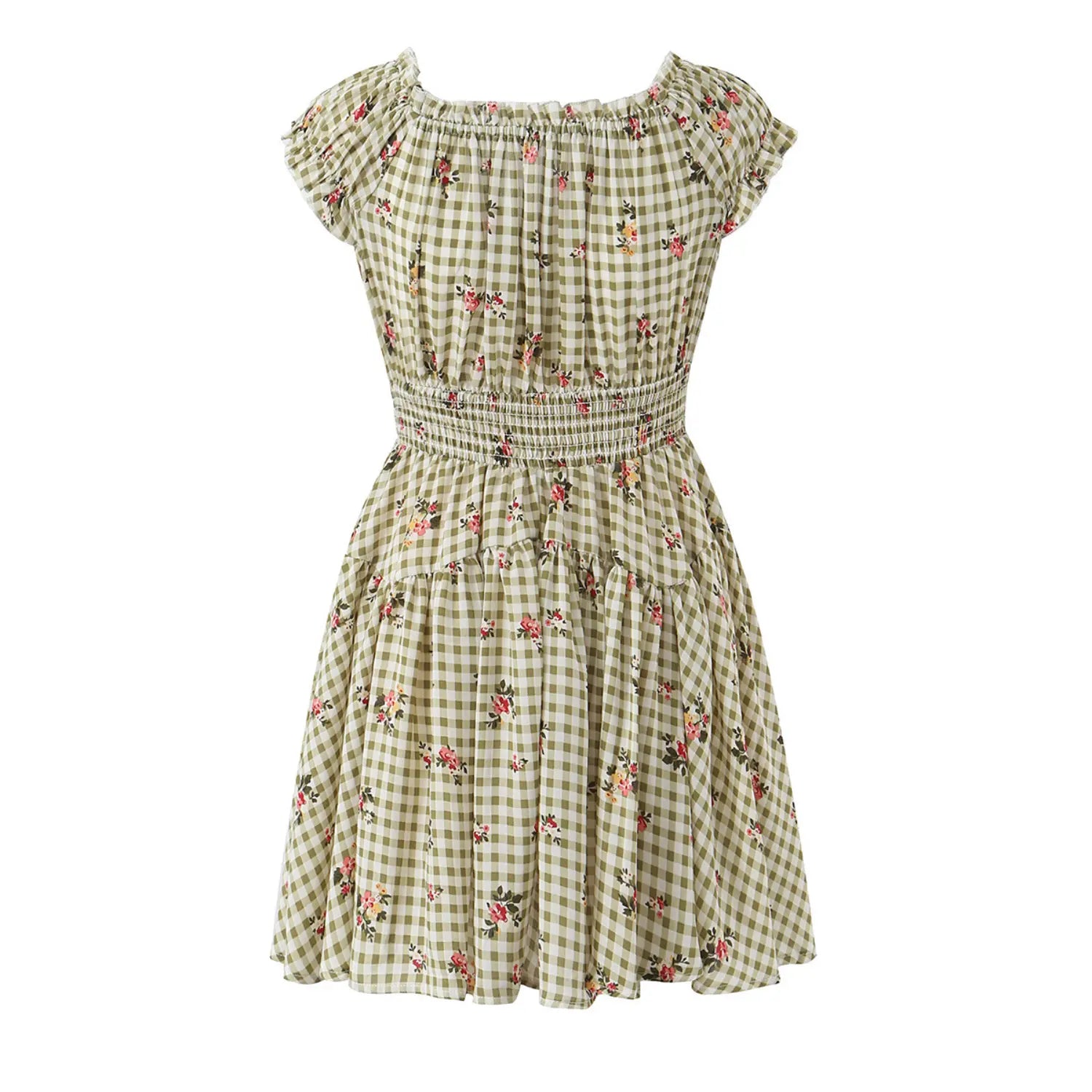back view olive gingham pink flower print flowy mini dress elasticated waist ruffle shoulder casual women summer dress