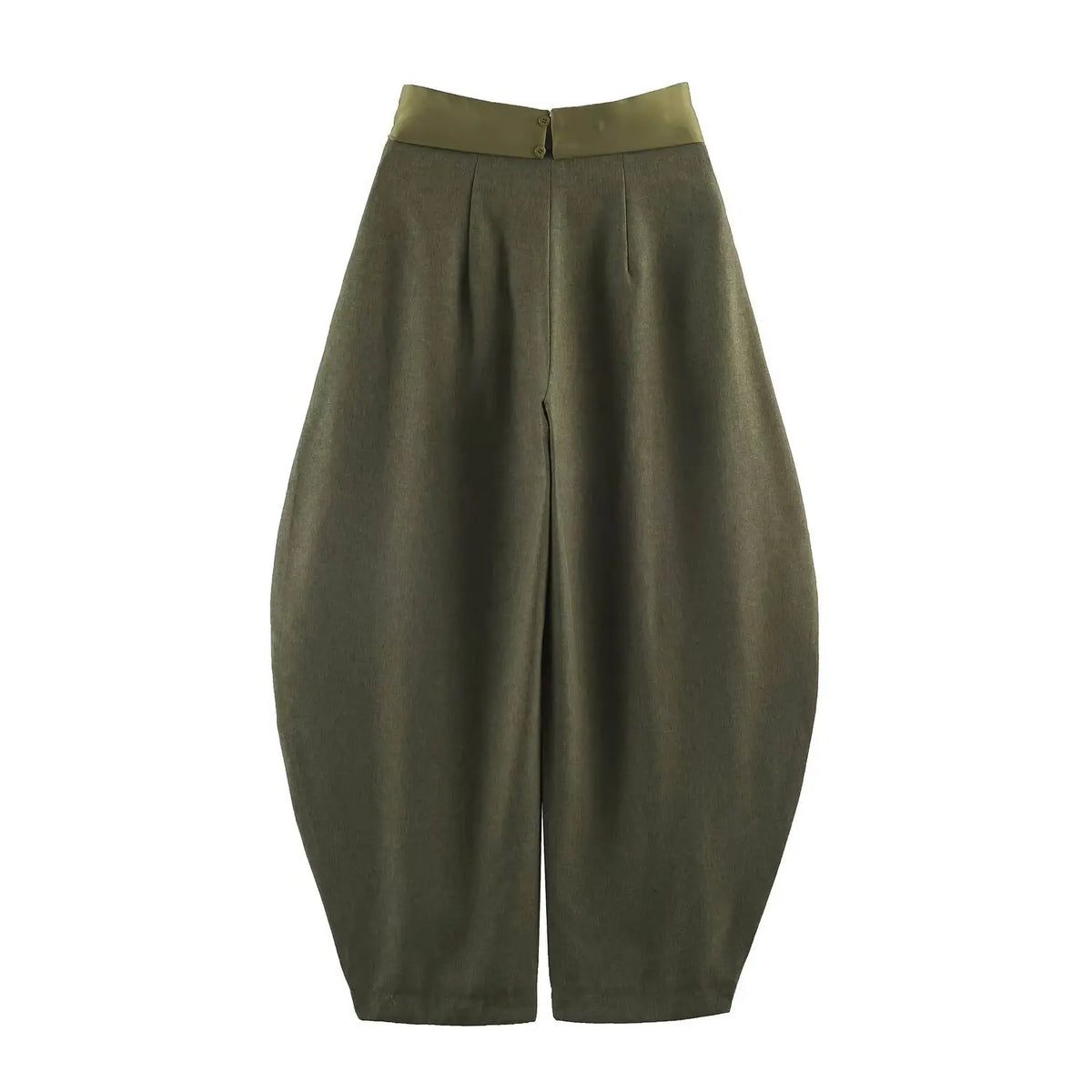 Olive green crossover waistband balloon trousers, back flat lay