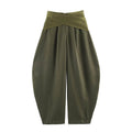 Olive green crossover waistband balloon trousers, front flat lay