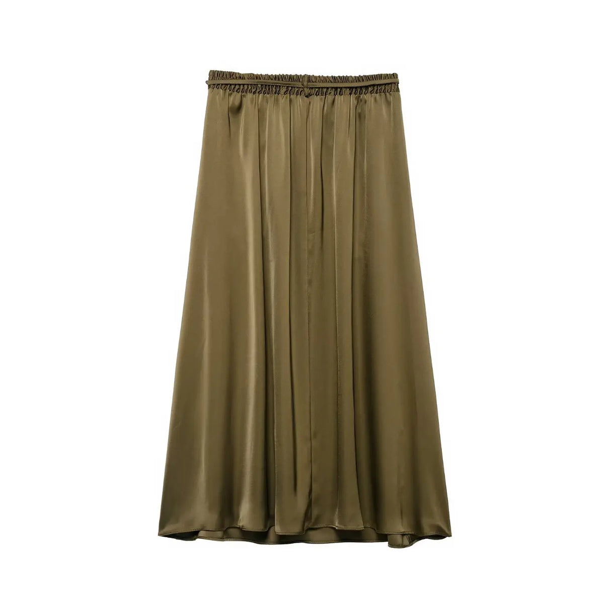 Back flat lay of olive satin midi skirt with elasticated waistband