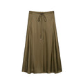 Front flat lay of olive drawstring satin A-line midi skirt