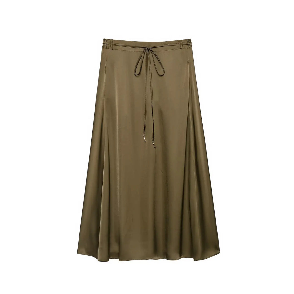 Front flat lay of olive drawstring satin A-line midi skirt
