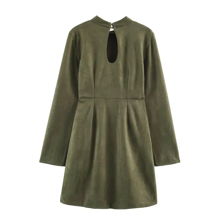 Olive faux suede mandarin collar mini dress, back flat lay