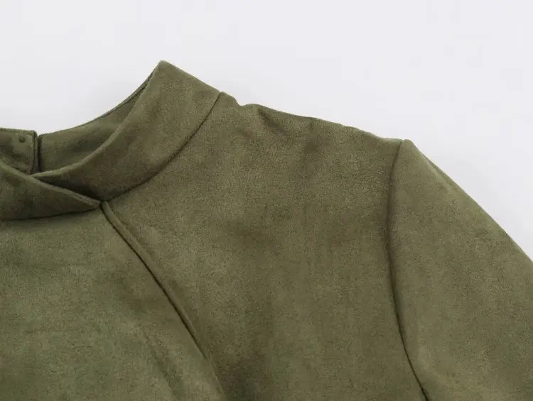 Close-up of mandarin collar and wrap front seam