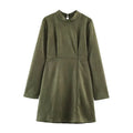 Olive faux suede mandarin collar mini dress, front flat lay