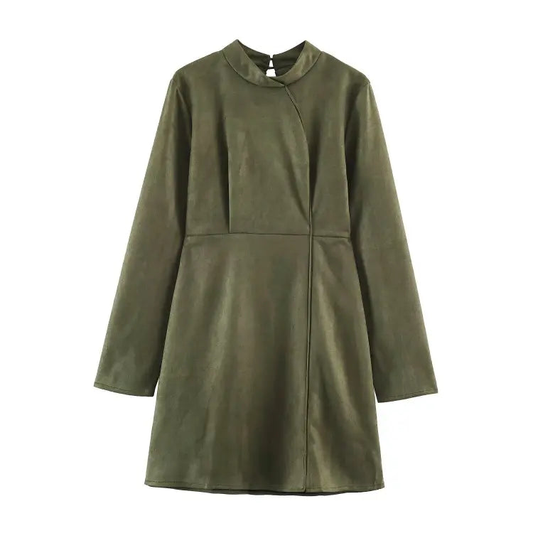 Olive faux suede mandarin collar mini dress, front flat lay