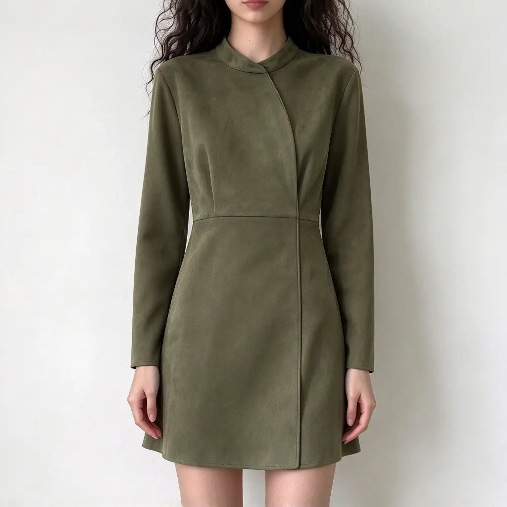 Model wearing olive faux suede mandarin collar mini dress, front view