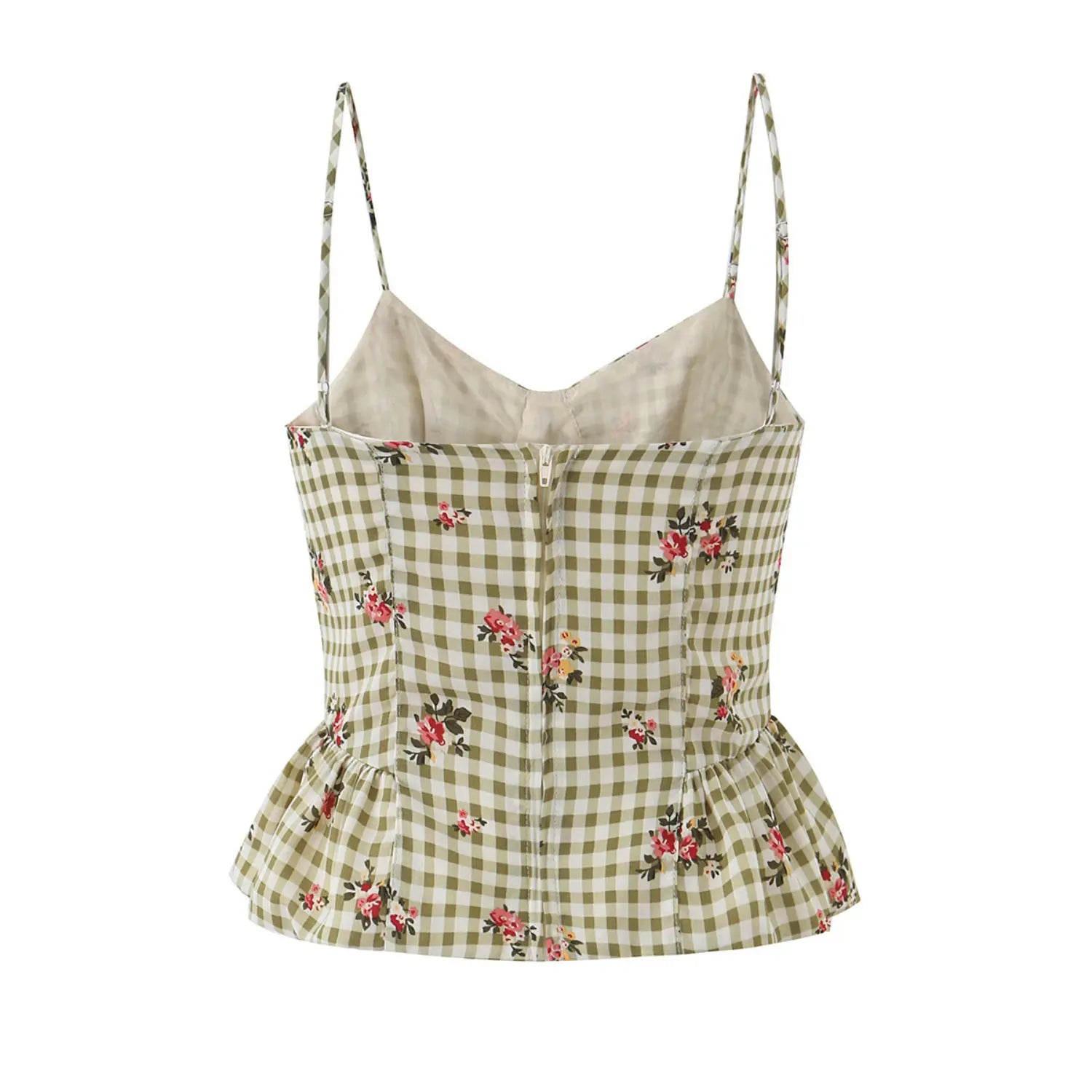 Back full flat lay studio shot olive white gingham floral camisole, back zipper, adjustable straps, flared peplum hem, women casual summer top