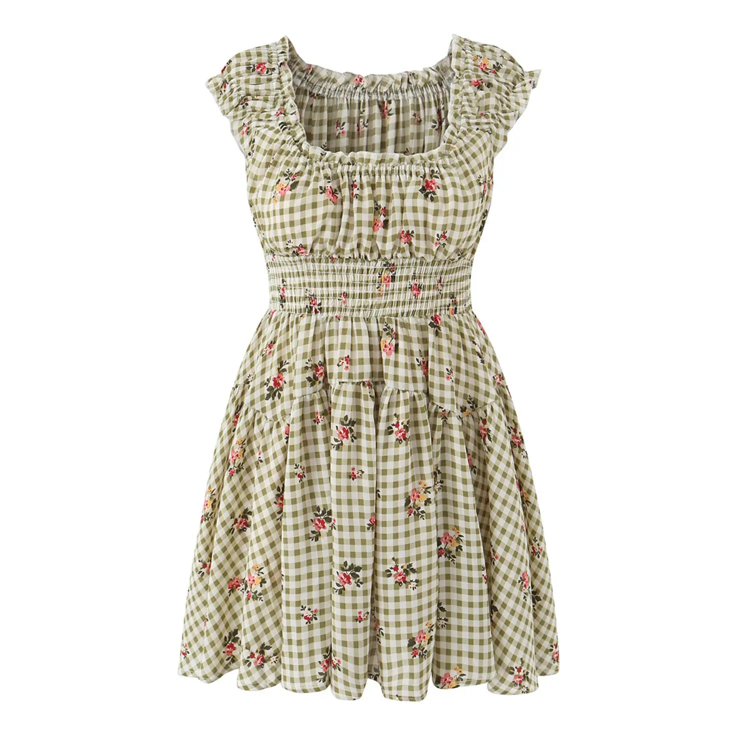 olive green gingham pink rose floral mini dress square neck ruffle cap sleeve smocked waist tiered sundress front shot