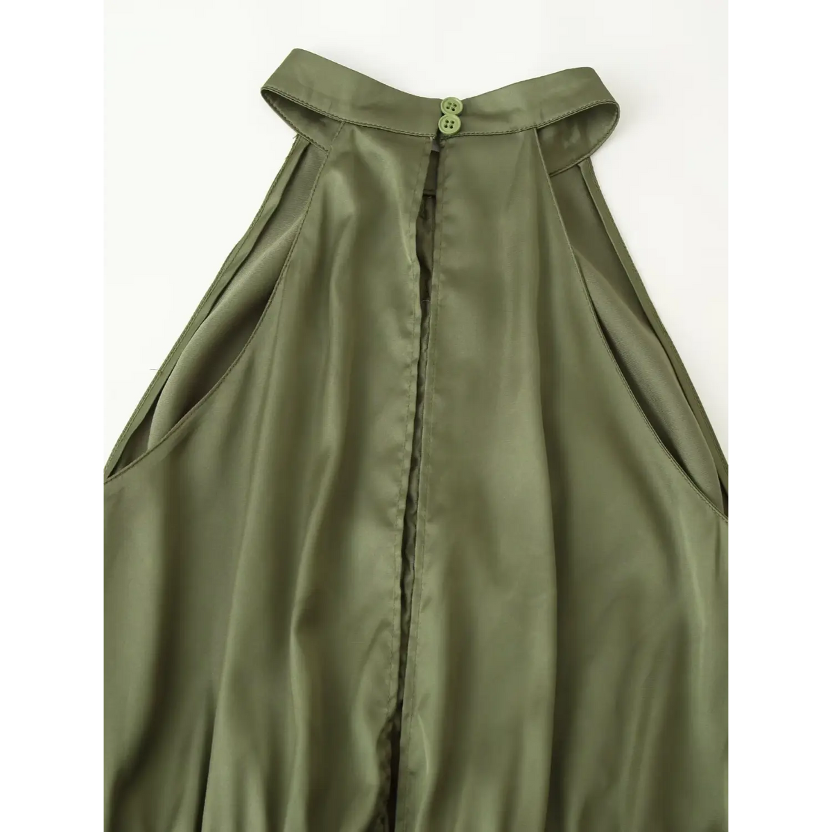 Close-up of back neck button and zip