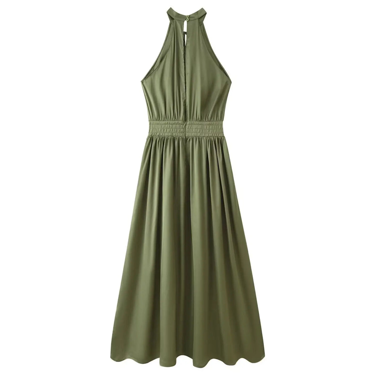 Back flat lay of olive green Chinese frog button halter midi dress