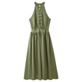 Front flat lay of olive green Chinese frog button halter midi dress