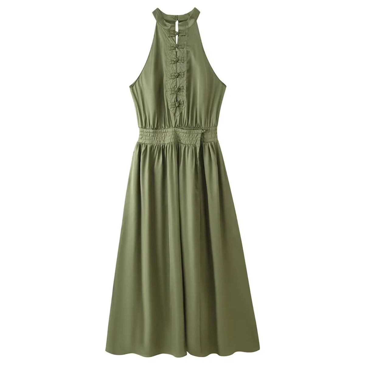 Front flat lay of olive green Chinese frog button halter midi dress