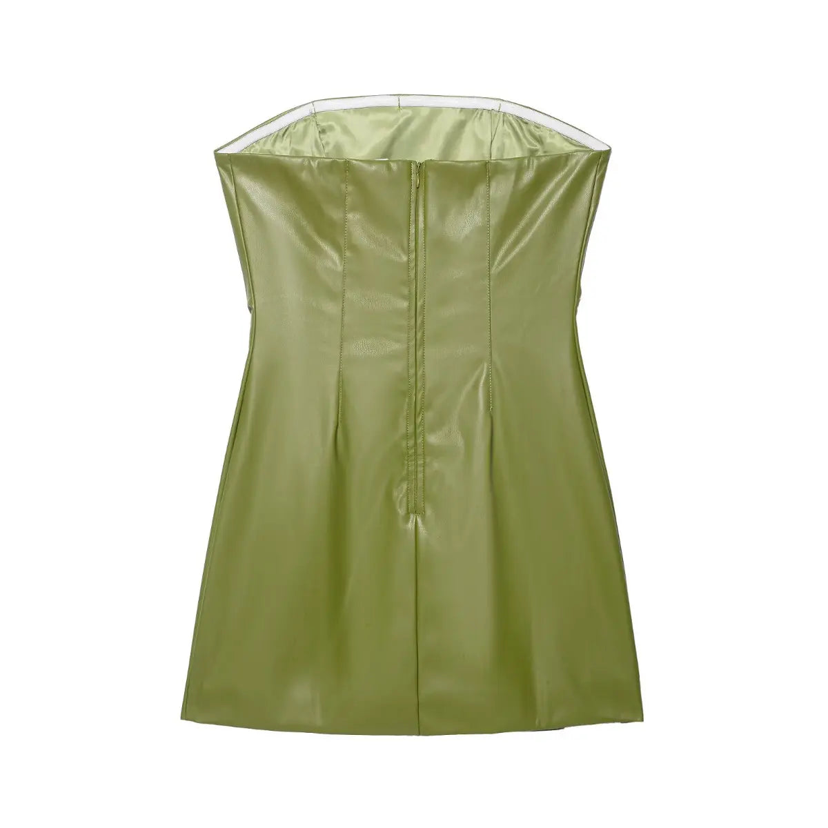 Full back flat view of an olive green faux-leather strapless mini dress, showing the center zipper, structured seams, and satin lining.