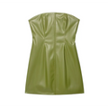  Full front flat view of an olive green faux-leather strapless mini dress, showcasing the fitted bodice, vertical center seam, and A-line skirt.