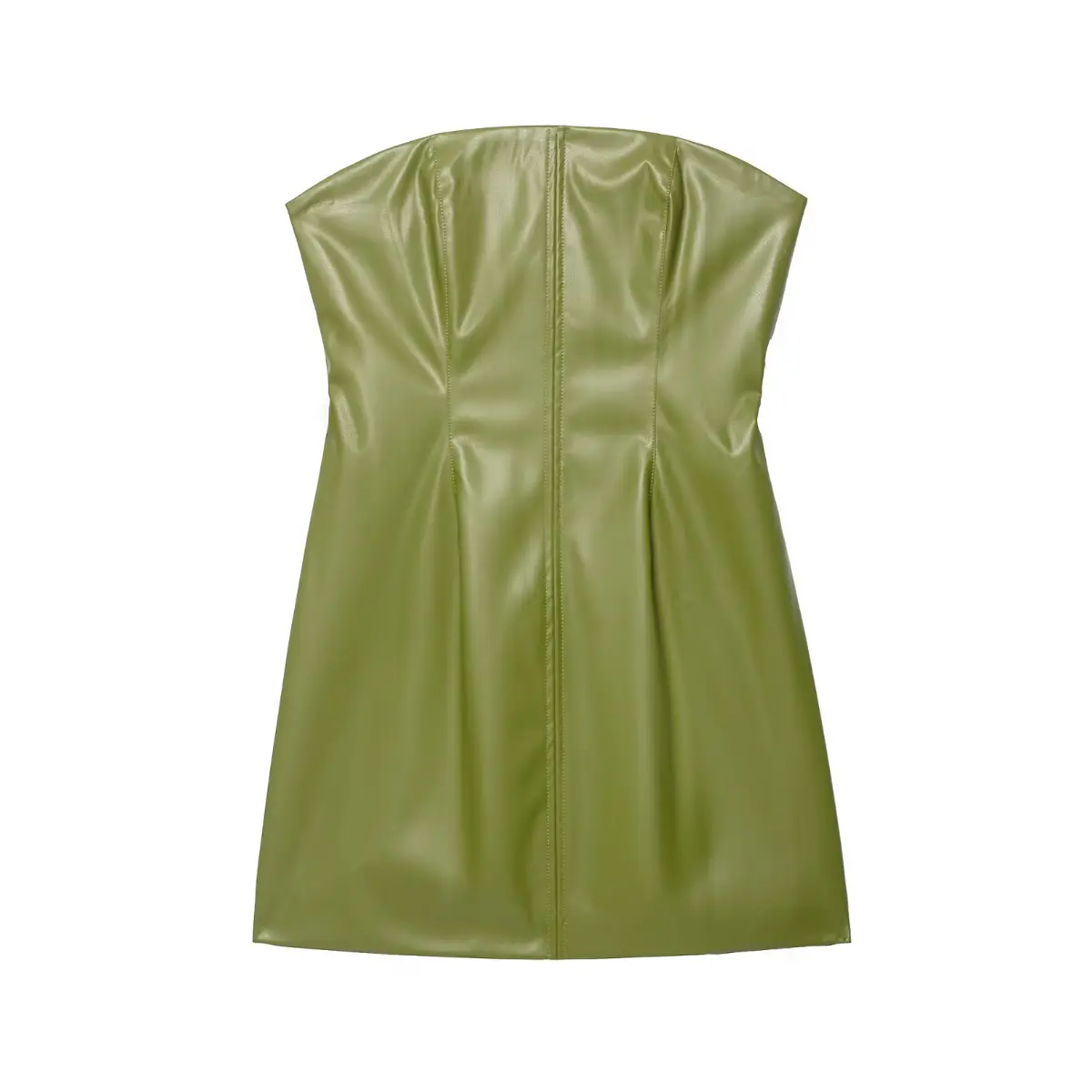  Full front flat view of an olive green faux-leather strapless mini dress, showcasing the fitted bodice, vertical center seam, and A-line skirt.