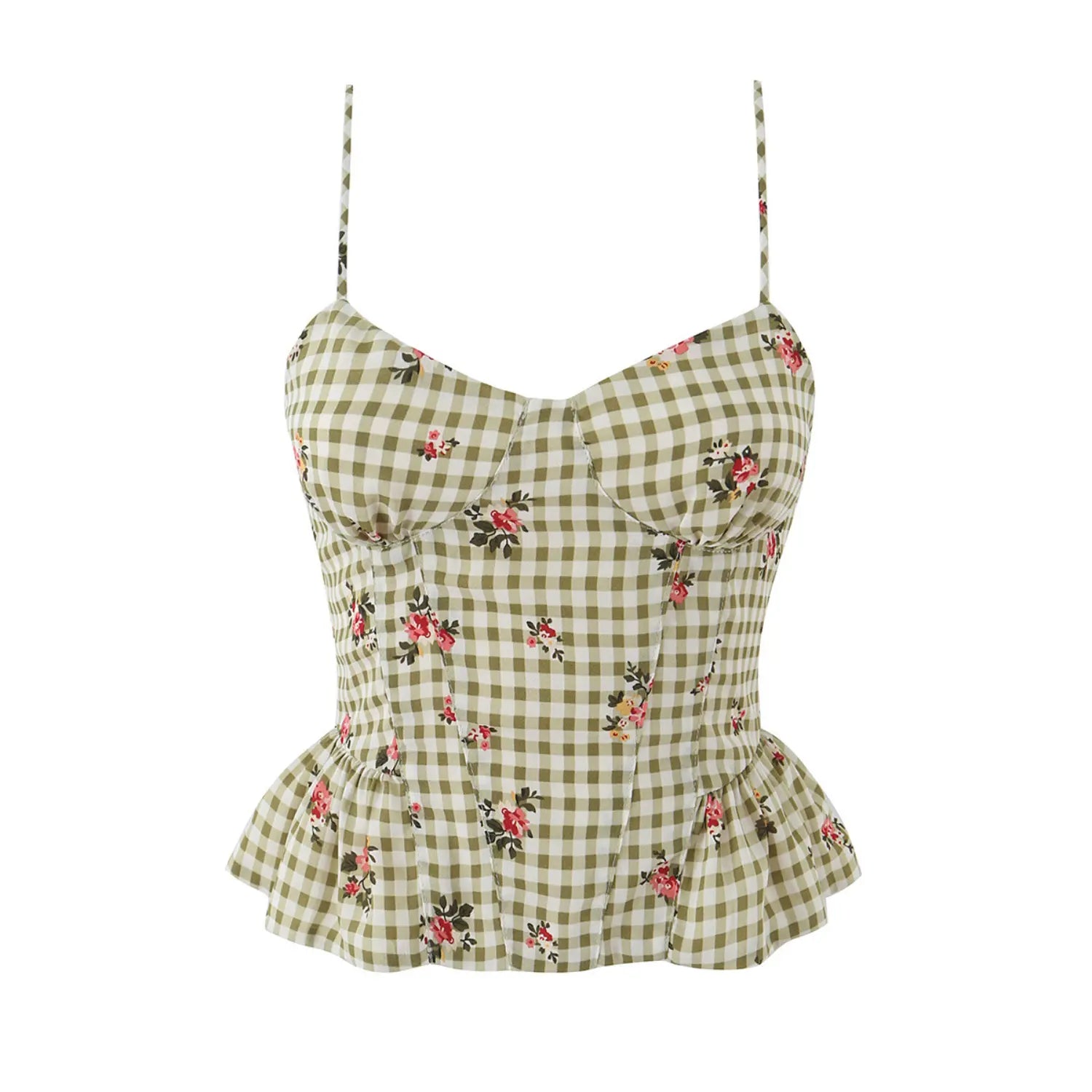 Studio front view olive green white gingham camisole with red rose floral print, sweetheart neck thin adjustable straps, fitted waist flared peplum hem women summer casual top