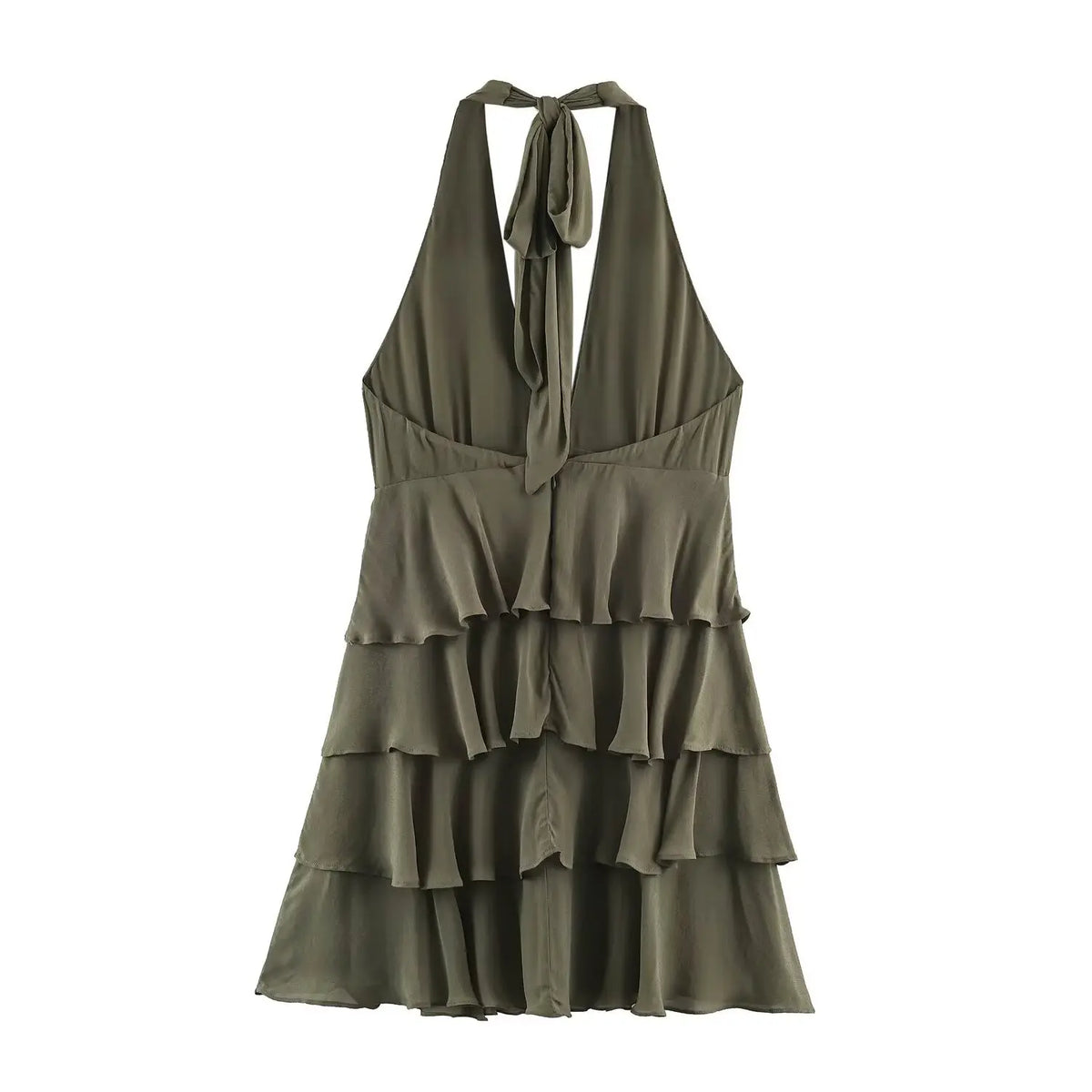 Back flat lay of olive green halter deep v neck layered ruffle mini dress