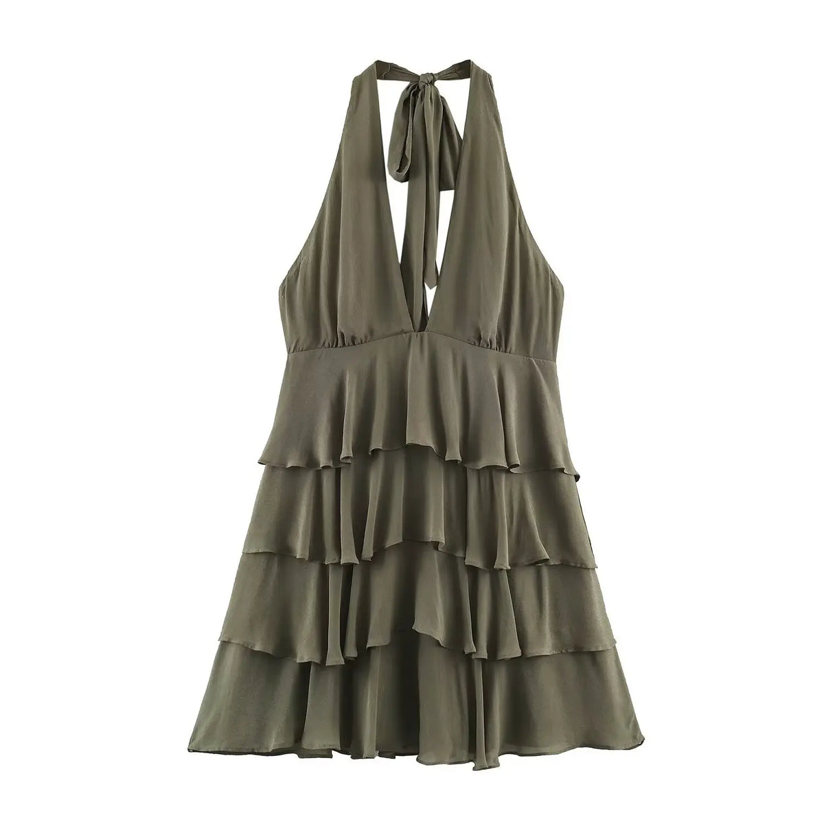 Front flat lay of olive green halter deep v neck layered ruffle mini dress