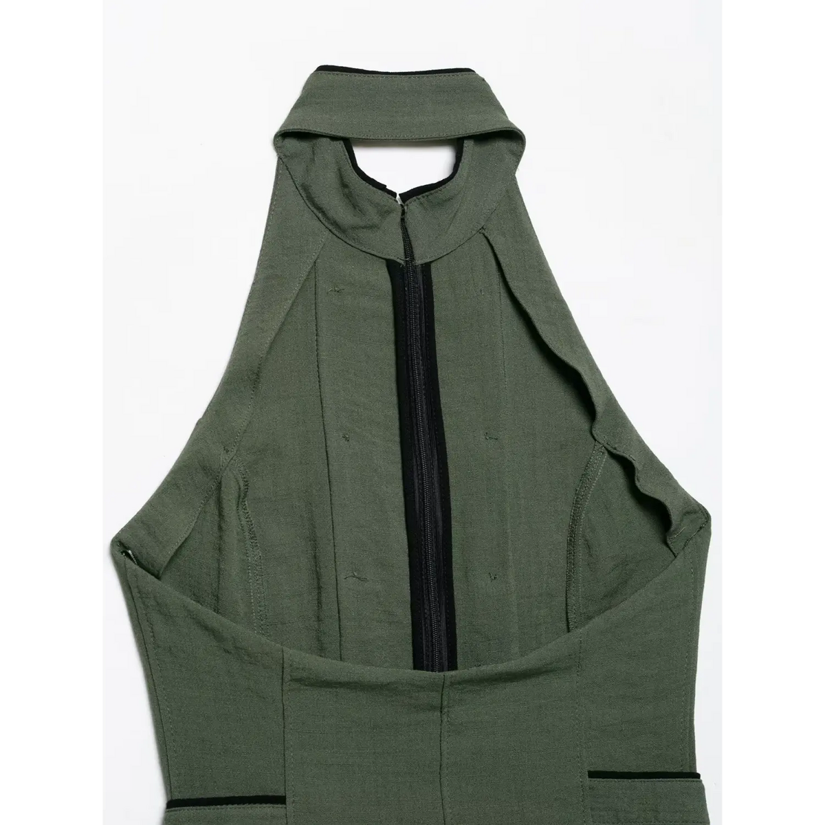 Back collar closeup of olive green halter vest, open back cutout, central black zipper and seam stitching details