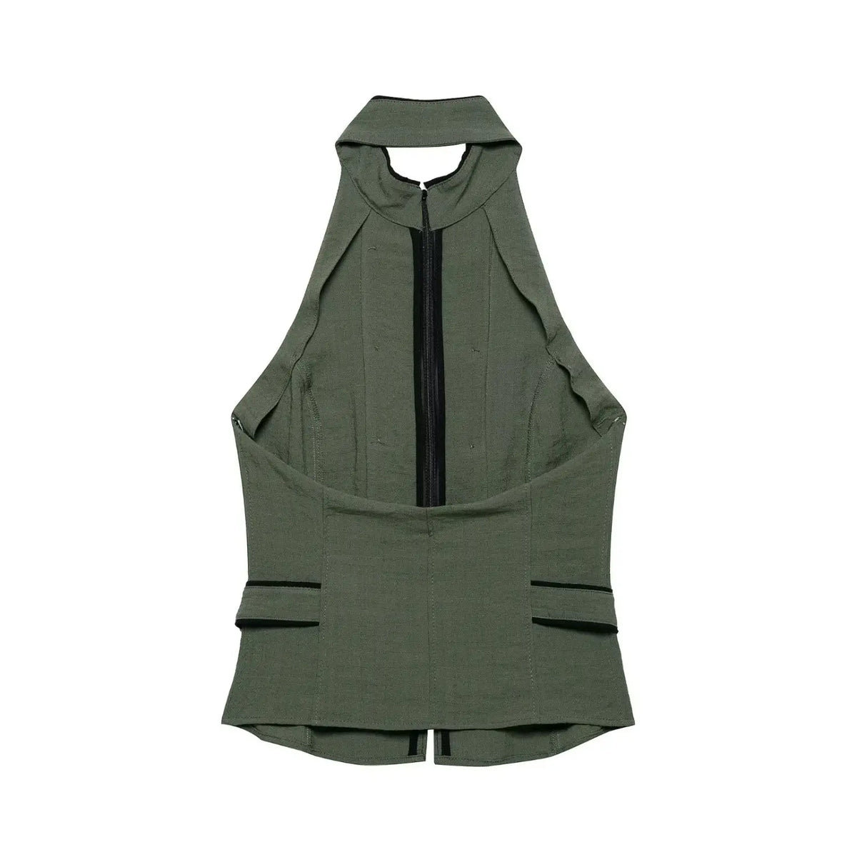 Back view of olive green halter vest, open back design, central black zipper, black piping detail, structured fitted silhouette