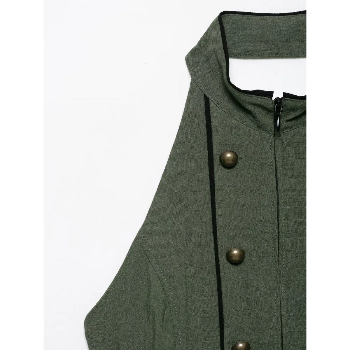 Close-up shot of halter neck collar and antique brass buttons on olive green vest, black piping trim, textured fabric detail