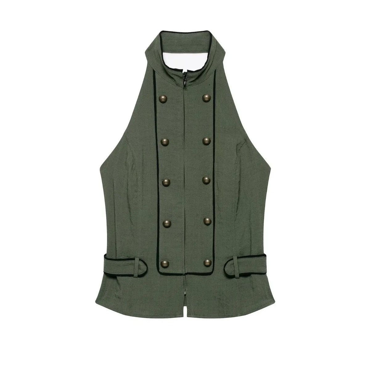 Olive green halter vest for women, double breasted antique brass buttons, black piping trim, slim fitted waist with side buckle straps, front view on white background