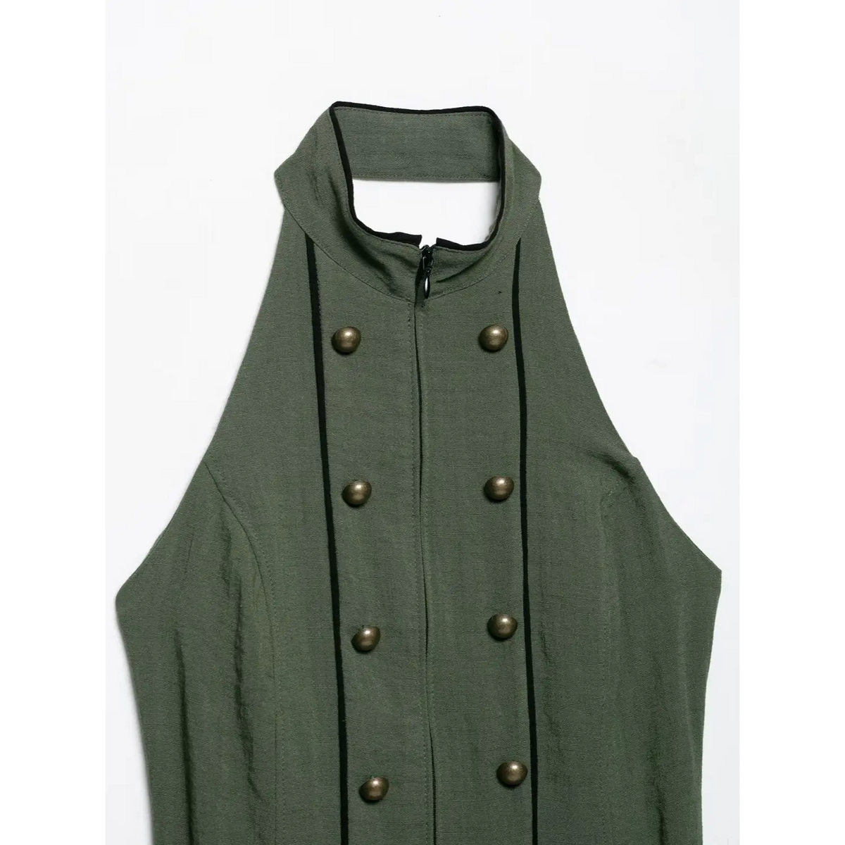 Upper front detail of olive green halter vest, stand halter collar, double row bronze buttons, contrast black piping