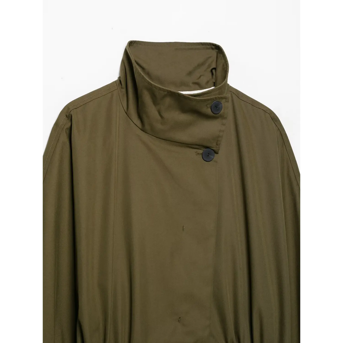 Close-up of stand collar with two black buttons on olive green jacket