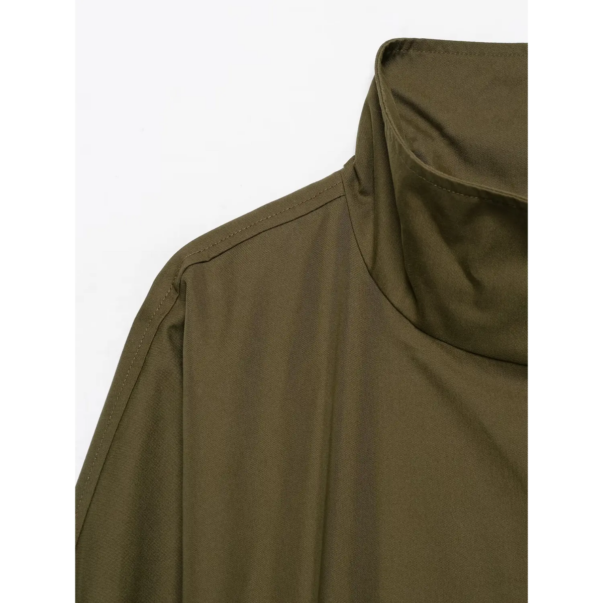 Close-up of stand collar and shoulder on olive green twill jacket
