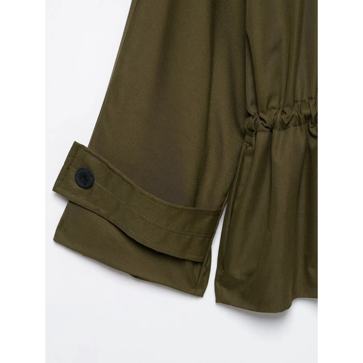Close-up of button tab cuff and hem on olive green jacket