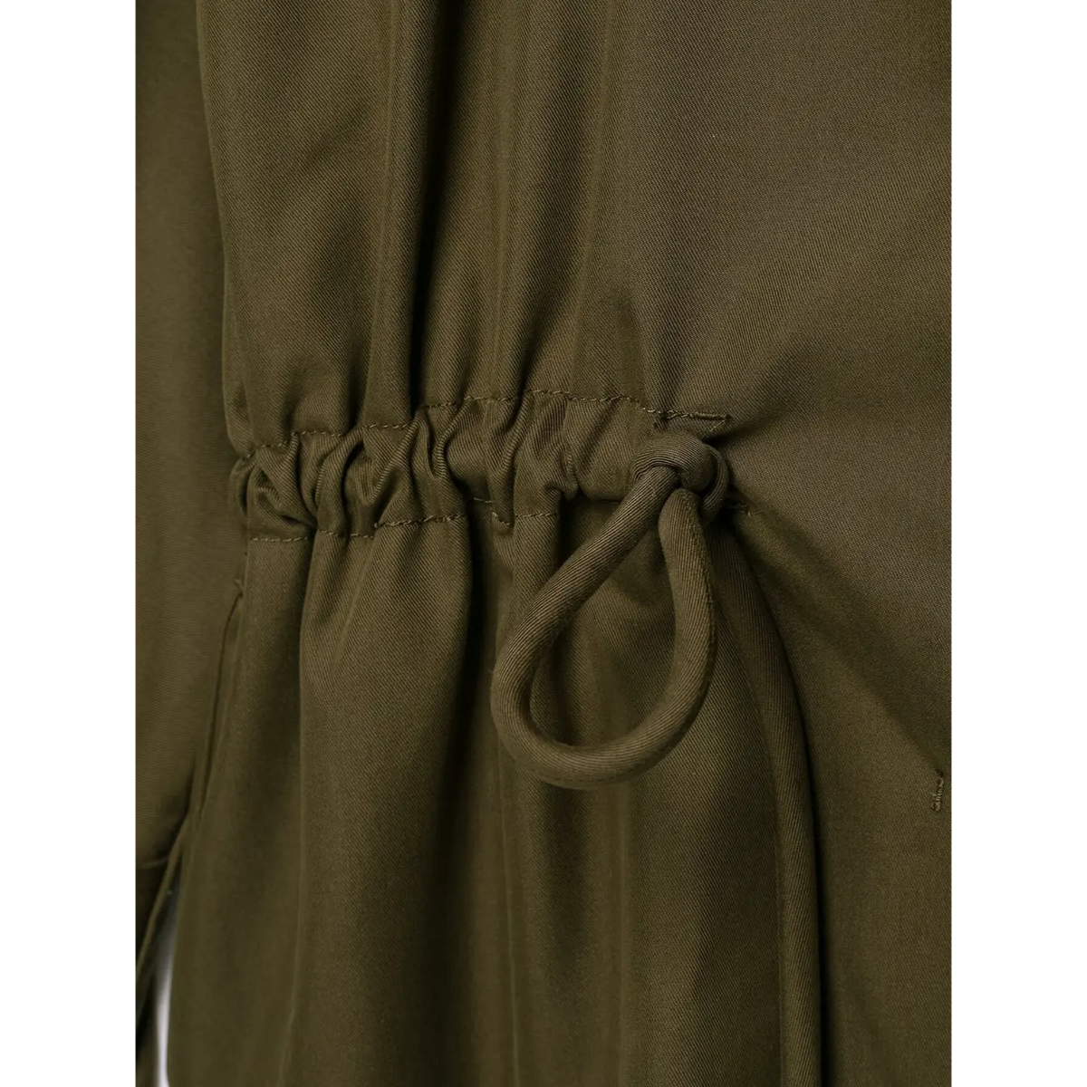 Close-up of drawstring cord and gathered waist on olive green twill jacket