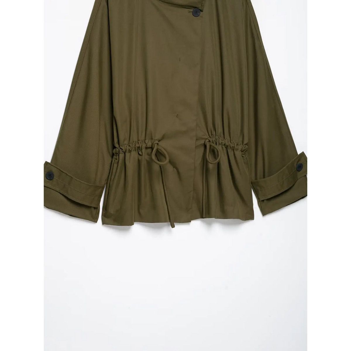 Close-up of drawstring waist and button tab cuffs on olive green jacket
