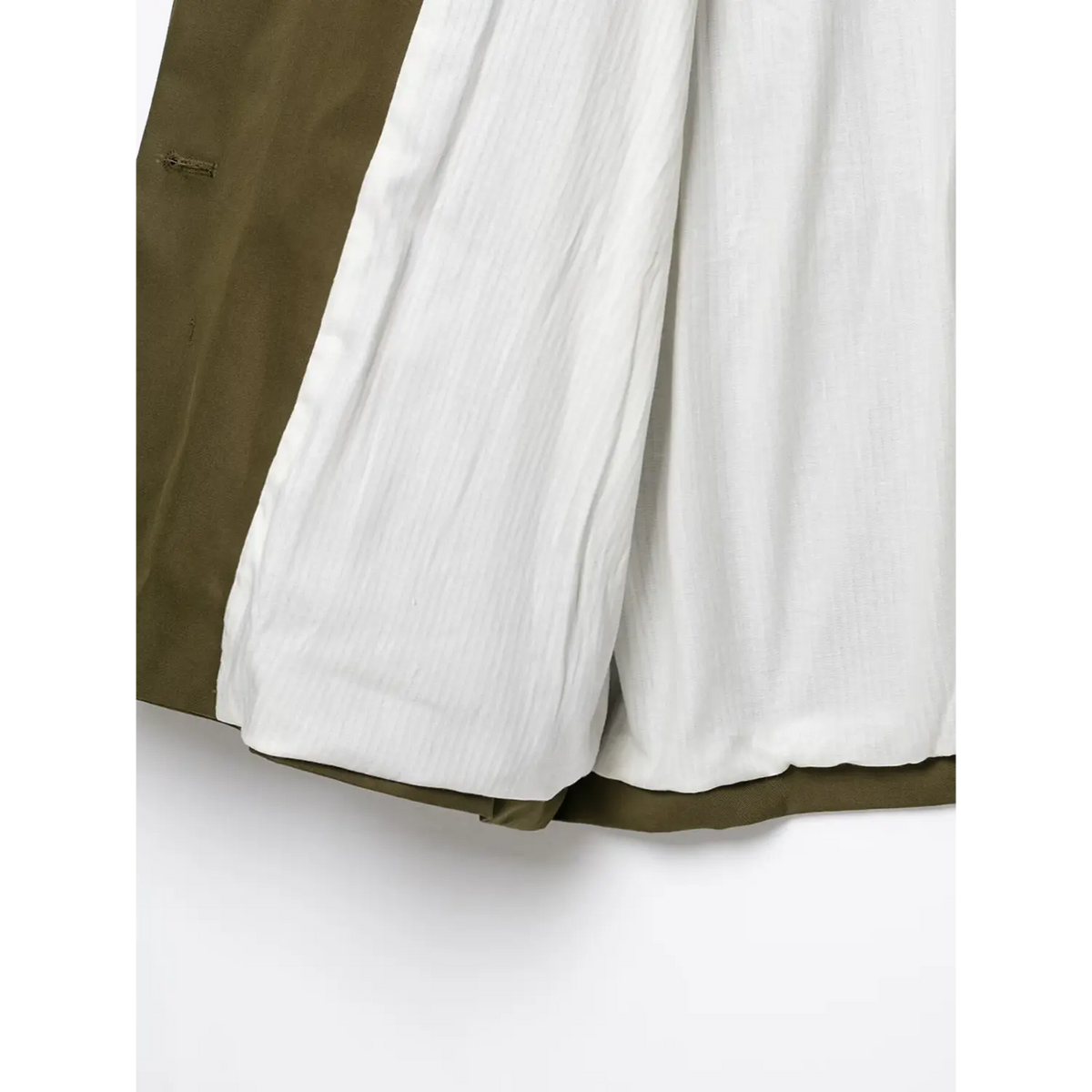 Close-up of white striped inner lining inside olive green jacket