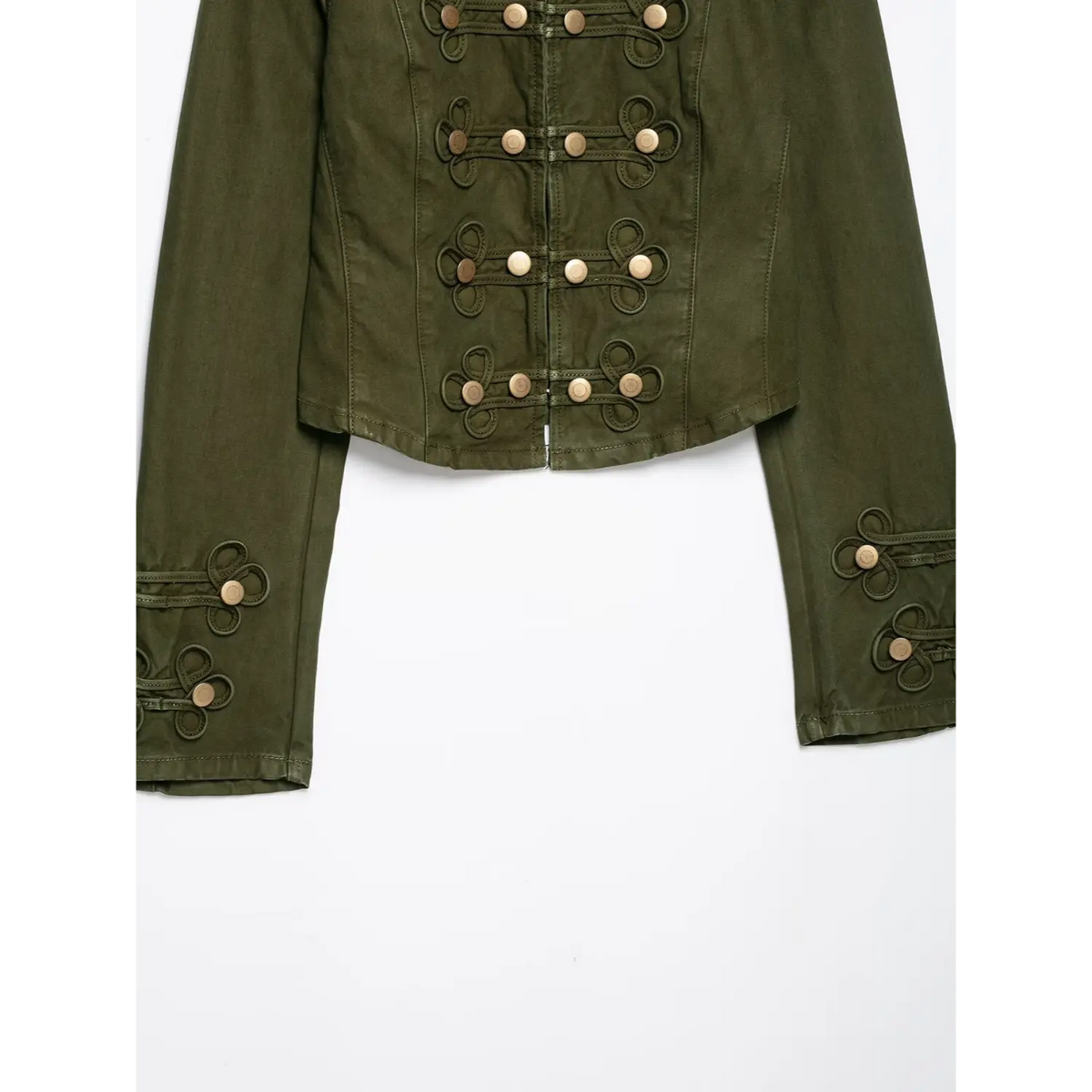 Lower front and sleeve view of olive green cropped military jacket, decorative knot‑button rows, cropped hem, long sleeve cuffs detail