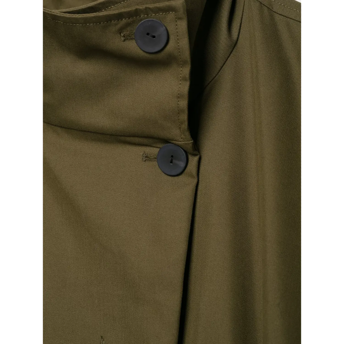 Close-up of two round black buttons at neck placket on olive green jacket