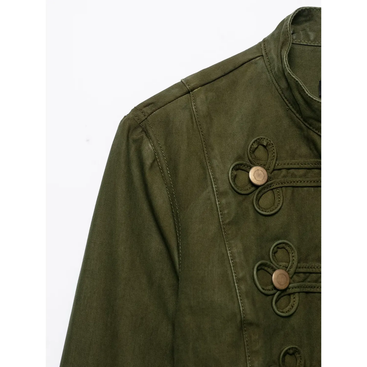 Close‑up of shoulder area, olive green twill fabric, decorative knot loop trim and antique brass buttons, stitching detail