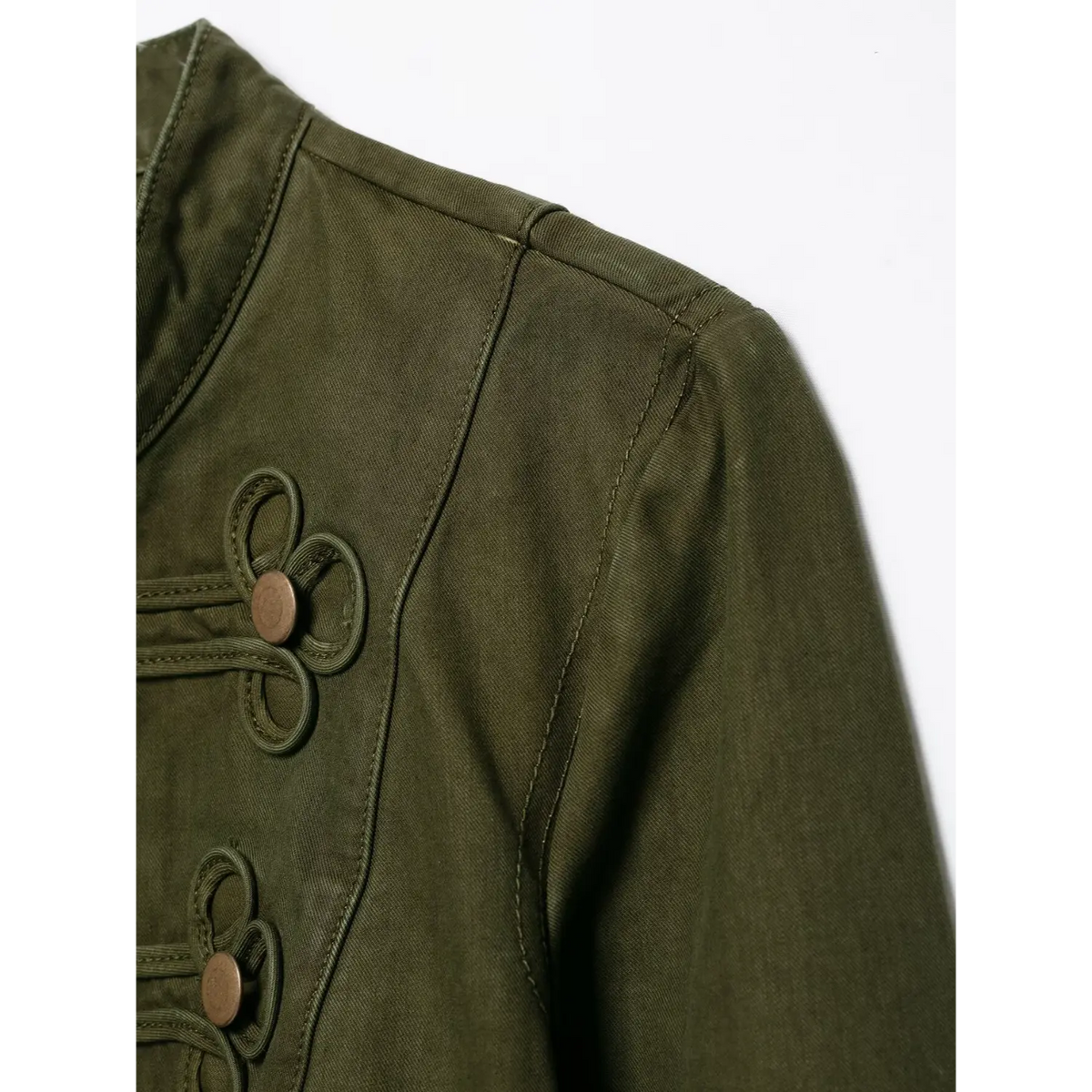 Shoulder and collar close‑up, olive green twill fabric, structured stitching, decorative knot‑button ornament