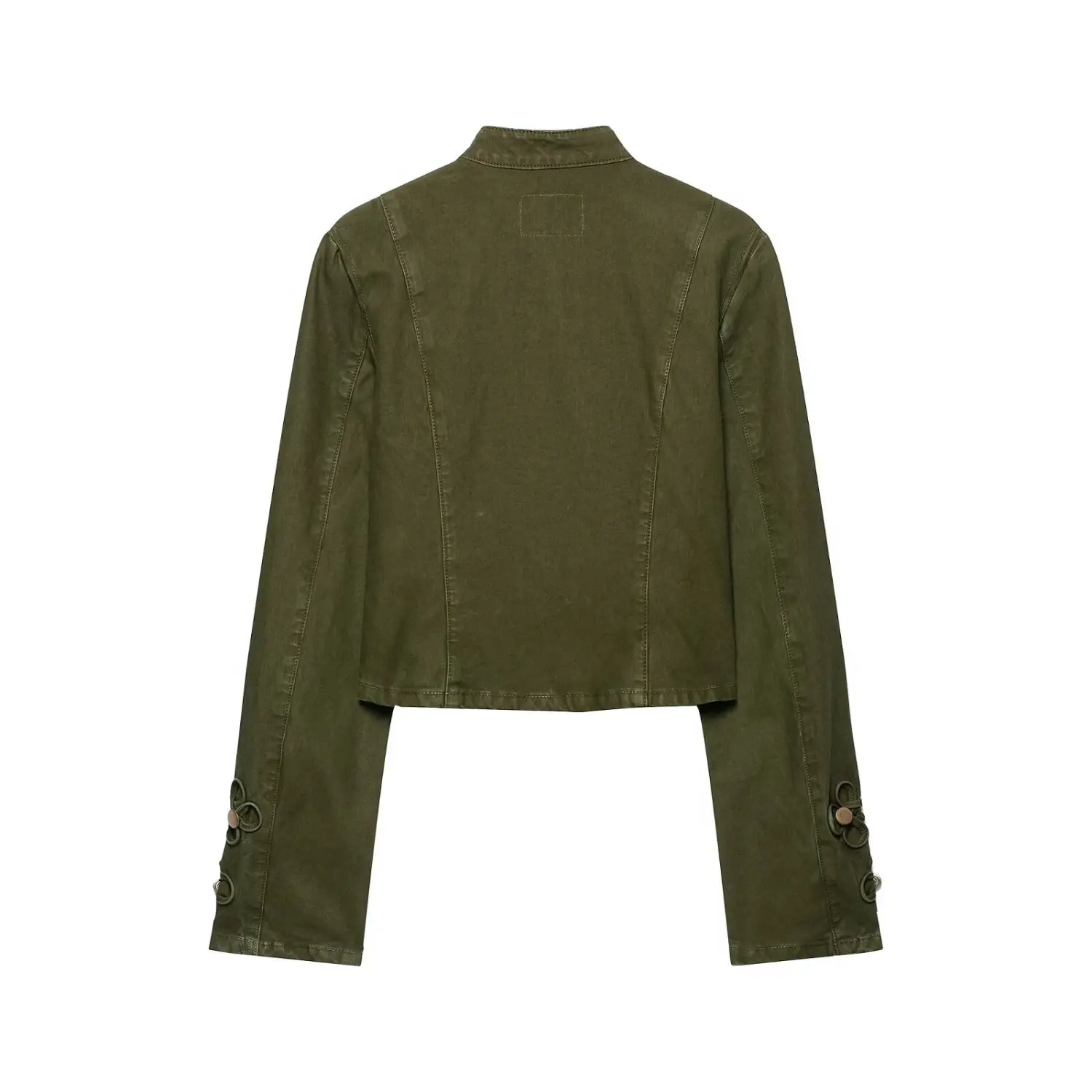 Back view of olive green military cropped jacket, stitched seam details, stand collar, cropped hem, isolated white background