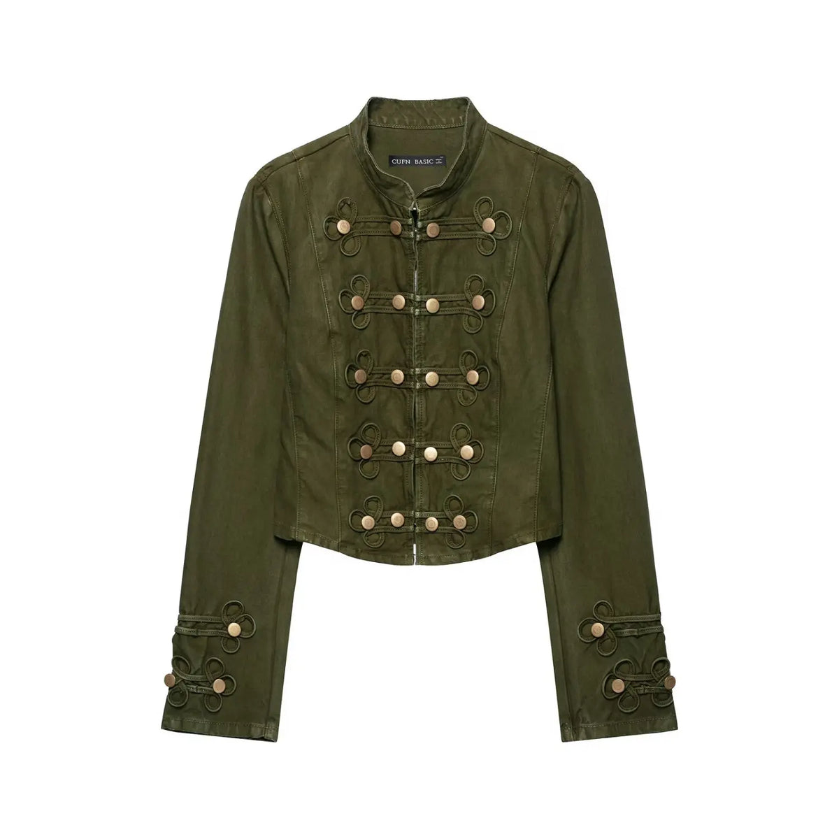 Olive green military style cropped jacket, stand collar, decorative brass buttons and knot trim, long sleeves, isolated white background